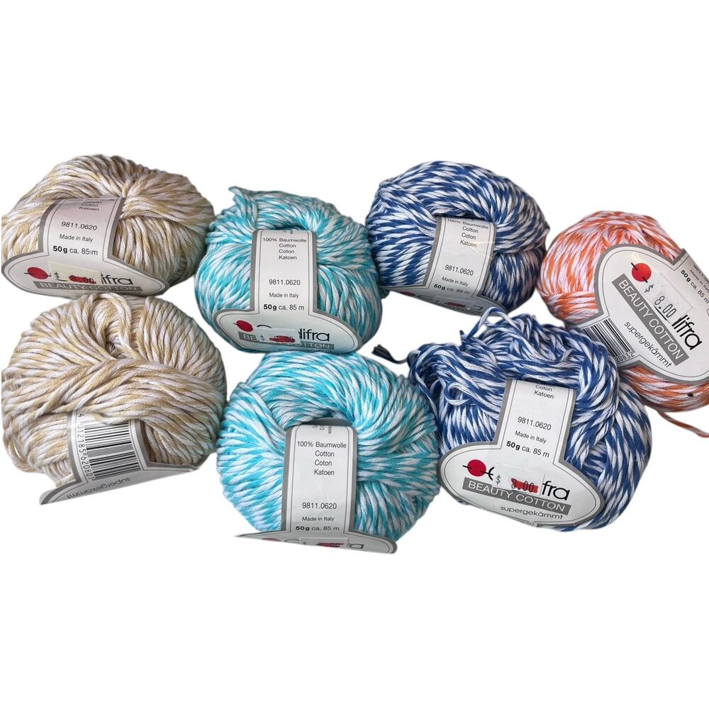 7 skeins Gedifra BEAUTY COTTON Italian Yarn | Blue Teal Orange Tan white